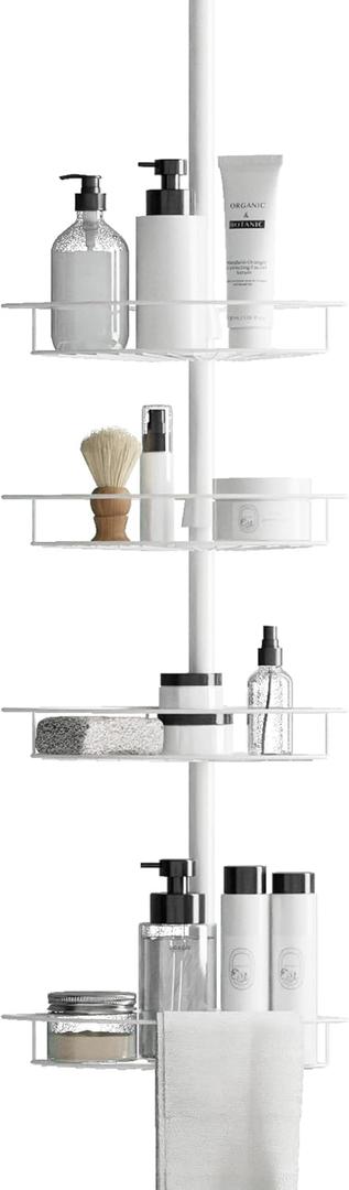 Zenna Home Tension Pole Shower Caddy Corner Organizer, Adjustable Standing Shower Caddy with 4 Baskets and Built in Towel Bar, Rust Resistant Bathroom Tension Rod Organizer, 60 to 97 Inch, White