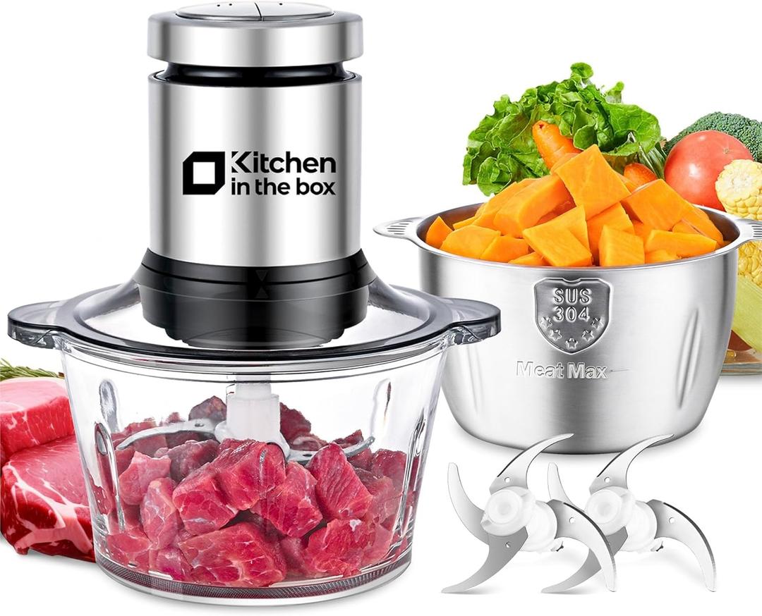 Kitchen in the box Food Processor, Electric Meat Grinder & Food Chopper with 400W Powerful Veggie Chopper-2 Bowls8 Cup+8 Cup & 2 Bi-Level Blades for Meat/Fish/Vegetable/Baby FoodSliver Button