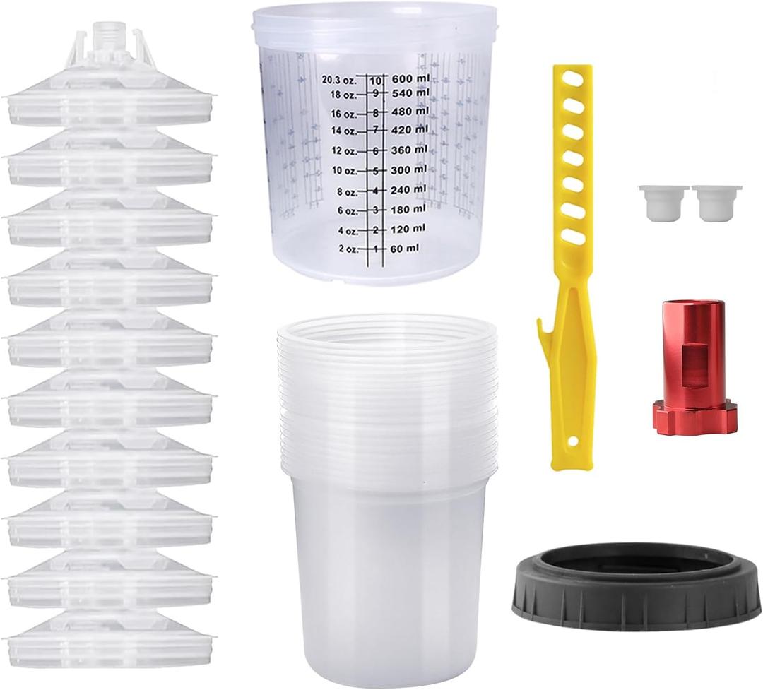 Disposable Paint Mixing Cup Kit,HVLP Paint Sprayer Gun Mixing Cups 20 Ounce (600ml) Kit with 10 Cups and Lids System, 2 Plugs and 1 Hard Cup with Retainer Ring, 1 Cup Adapter,Paint Stirrer (10)