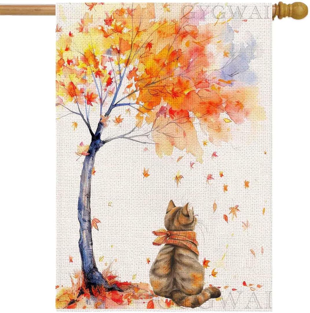 2 x Fall Cat House Flag 28x40 Inch Double Sided Burlap, Autumn Tree Yard Flag for Seasonal Outdoor Outside Farmhouse Decoration