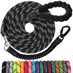 Long Dog Leash 10 FT: Heavy Duty Rope Leashes for Dogs Training with Swivel Lockable Hook Reflective Threads Bungee and Padded Handle - Dog Lead for Large Small Medium Dogs Outside Walking Hiking (Black)