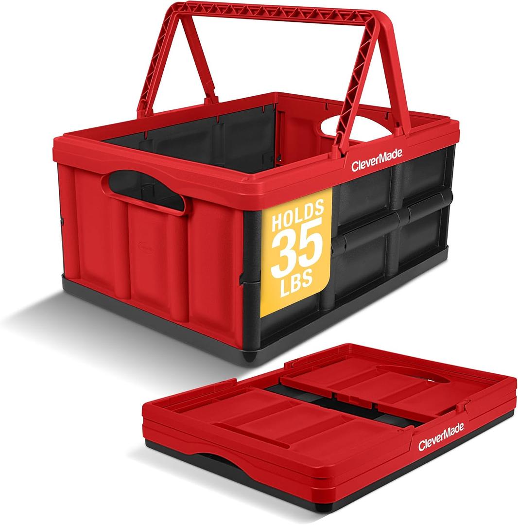 CleverMade Collapsible Shopping Basket 32L Folding Grocery Basket with Handles, Stackable Reusable Storage Crate with 35 lb Capacity, Recycled Plastic, Car Trunk Organizer - Red