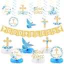 10 pcs Blue Baptism Decorations God Bless Banners First Communion Hanging Swirls Honeycomb Religious Christening Table Centerpieces for Shower Gold First Holy Communion Party Supplies Favors