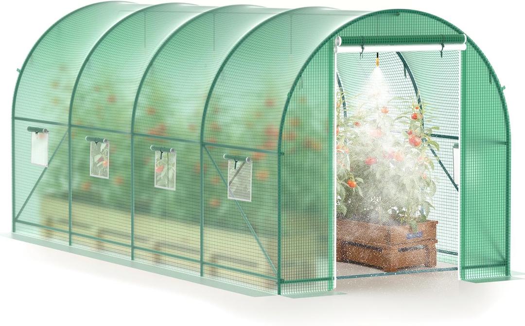 Greenhouse, 15x7x7 Upgraded Walk-in Greenhouse with Spraying System, Heavy Duty Tunnel Green House with 6 Ventilated Mesh Windows & Zippered Roll-up Door, Large Plant Garden Hot House Outdoor