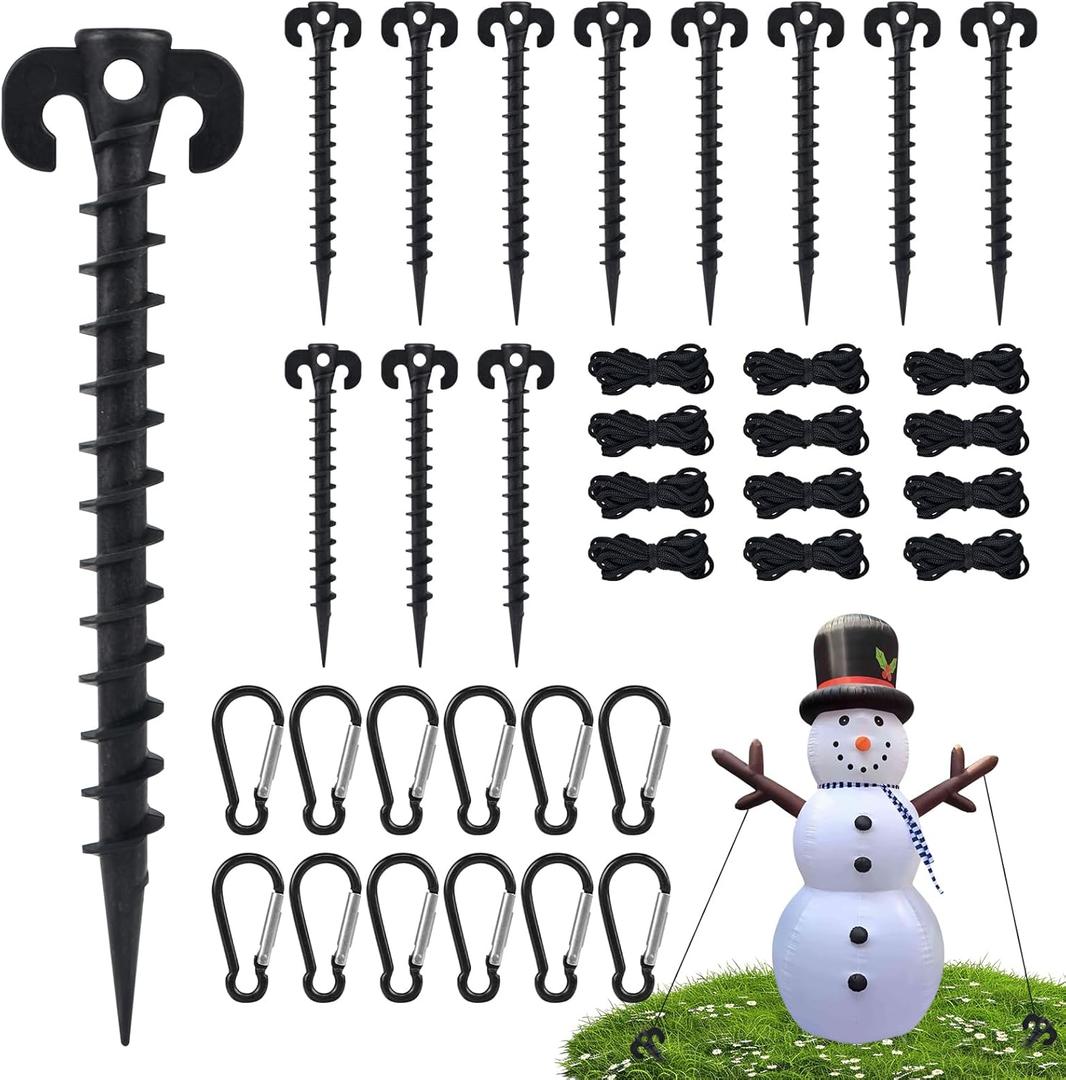 12 Sets Inflatable Stakes Replacement Set, 12 PCS 7.7" Inflatable Plastic Stakes with Tethers Ropes and Alloy Hooks, Christmas Heavy Duty Tent Stakes for Garden Yard Ground Halloween Outdoor Decor