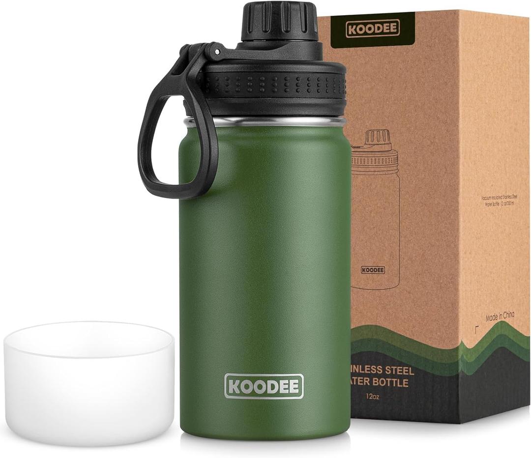 koodee 12 oz Water Bottle Stainless Steel Vacuum Insulated Wide Mouth Water Flask with Leakproof Spout Lid, Reusable Metal Water Bottle for Boys BPA Free(Grass Green)