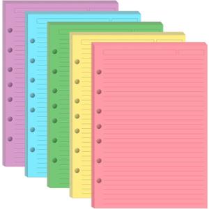 Mini Binder 5 Colorful Line Paper for 3 or 7 Ring Binders - 100 Sheets/200 Pages Loose Leaf Paper Line Refills, Per Color 20 Sheets, Desk Size 4, 5.8" x 8.5"
