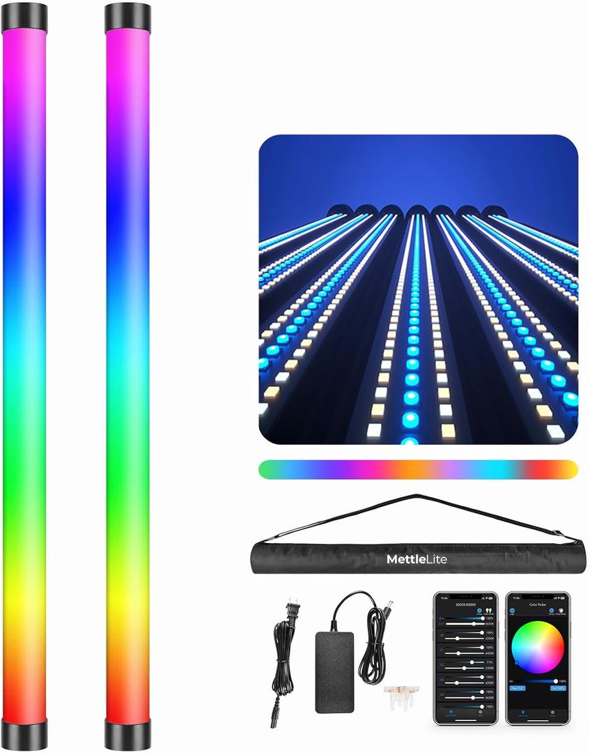 Mettlelite 2 Pack TLX2 Light Kit RGB Tube Light LED Full Color Video Light with APP DMX Control 2 ft 2800K-8000K CRI96 TLCI97 360 RGB CCT HSI Effect Mode with Built in Rechargeable Battery
