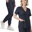 Scrubs for Women Set, Stretchy V-Neck Top & Jogger Pants with Multi-Pocket Yoga Waistband, XL