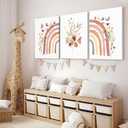 AKWISH Boho Rainbow Wall Art for Girls Room - Set of 3 Framed Wildflower Canvas Prints for Nursery, Baby Girl Room, Kids or Dorm Decor - Soft Pastel Botanical Bohemian Wall Decor 12x16in