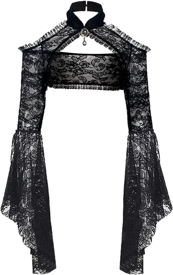 L'VOW Women's Lace Bolero Shrug Goth Crop Top Victorian Lace Sleeves for Witch Vampire Cosplay, S 