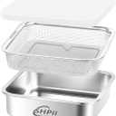 Square Colander Set,304 Stainless Steel with PE Lid,Storage Container,Prep,Tofu Drainer,Shellfish Drainer,Back of House Preparation,Refrigerator Storage,Picnic Party (1500ML)