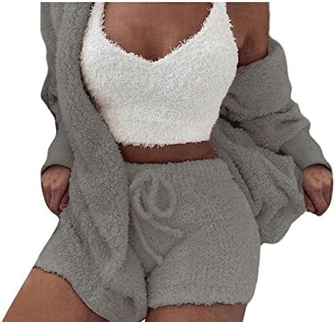 Famnbro Women's Sexy Fuzzy 3 Piece Outfits Fleece Warm Hooded Cardigan Crop Top Shorts Set Pajamas Loungewear