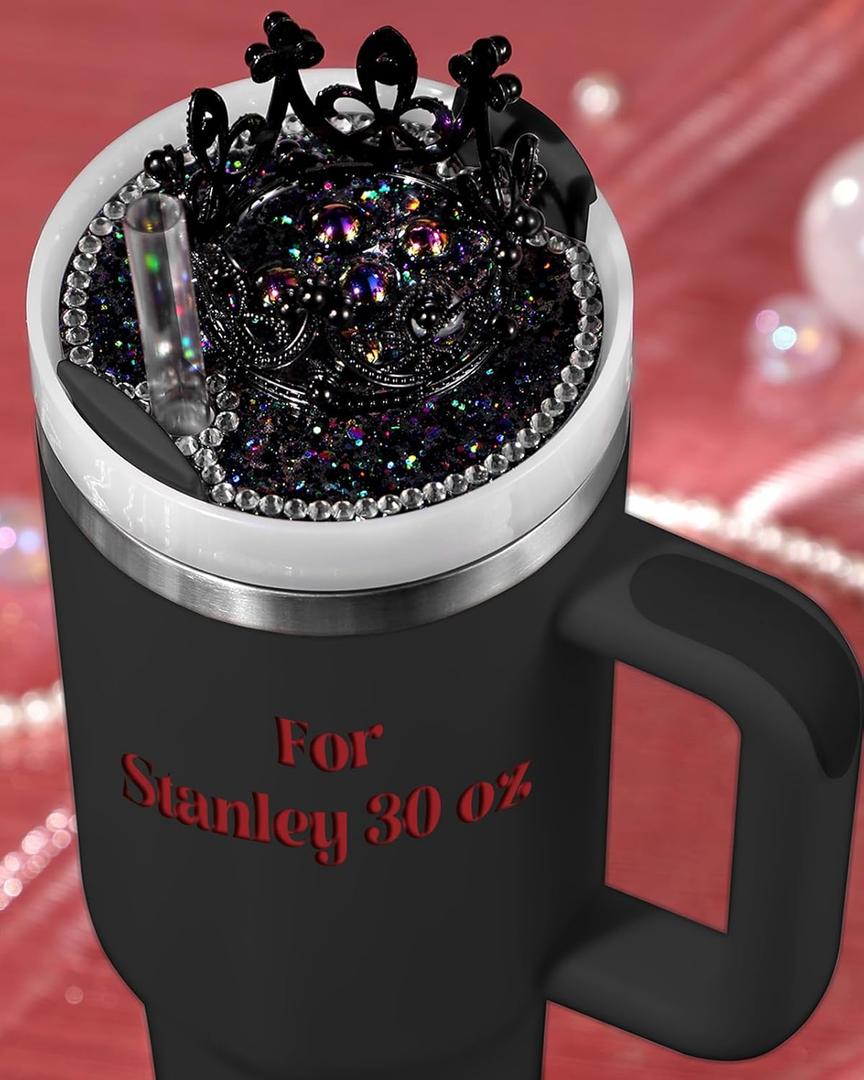 Lid Name Plate Topper for Stanley Cup 40 30 oz - Crown Cute Decoration Accessories for Tumbler, Water Bottle Glitter Decor for Women Girls (Black)