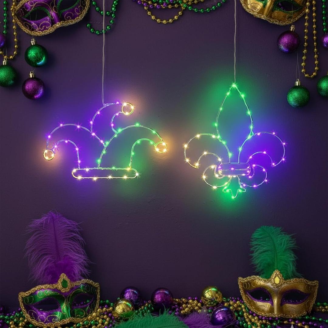 2 Pcs Mardi Gras Window Lights, Battery Operated LED Lights, Fleur De Lis & Clown Hat Hanging Lights for Indoor & Outdoor, Light Up Decorations for Mardi Gras Party & Home Decor