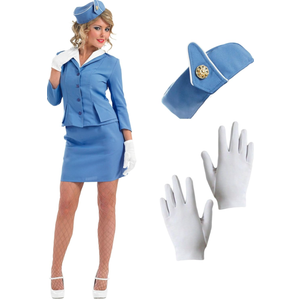 fun shack Flight Attendant Costume Women Blue, Retro Airline Stewardess Outfit with Hat & Gloves Size M