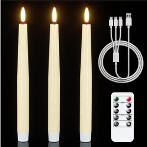 GenSwin Rechargeable Flameless Taper Candles, 3 Pack Ivory LED Taper Candles Battery Operated with Remote Timer, Real Wax Flameless Candlesticks for Christmas Holiday Home Decor