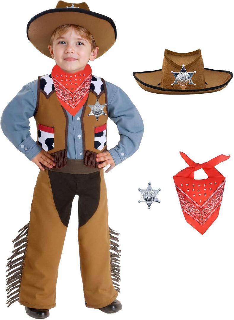 Cowboy Costume for Kids,Boy Brown Western Costume,Cowgirl Outfit Set Dress Up Party Halloween Costumes (Small(5-7 yrs))