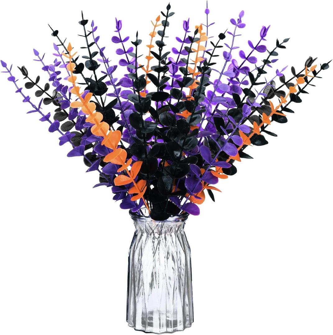 24 Pcs Eucalyptus Halloween Flowers Artificial Stems Faux Flowers Eucalyptus Branches Stems Fake Leaf Plants for Wedding Flower Home Farmhouse Christmas Decor (Bright Color)