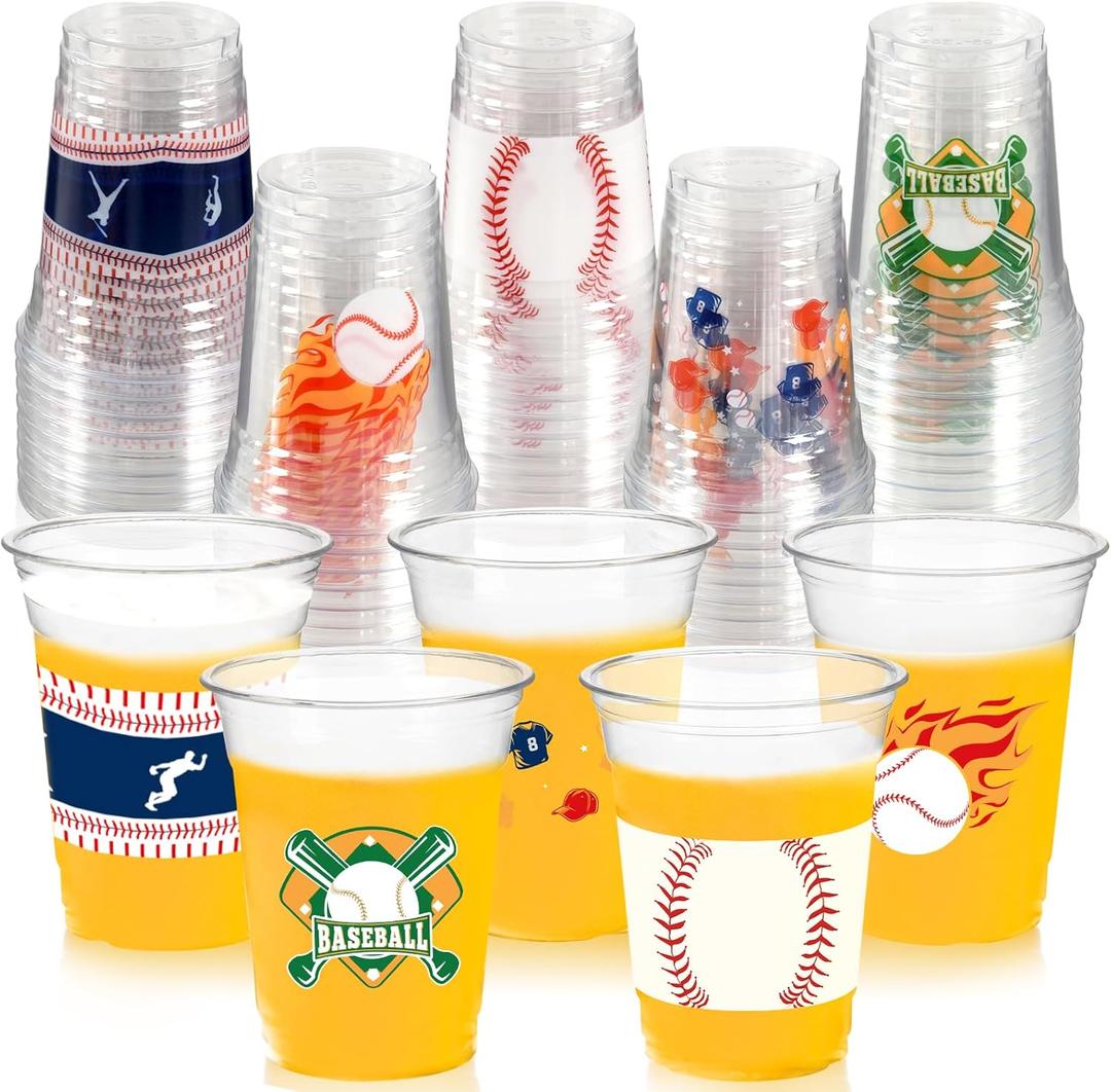 CUPLOOV 100Pcs Baseball Party Decorations Cups,12OZ Clear Disposable Plastic Drinking Cups For Baseball Theme Birthday Party Decor Supplies