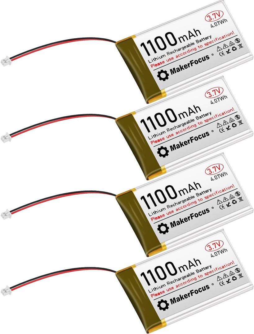 MakerFocus 4pcs 3.7V 1100mAh Lithium Rechargeable Battery 1S 1C LiPo Battery with Protection Board, Insulated Rubber Tape and Micro JST 1.25 Plug for Arduino ESP32 Development Board