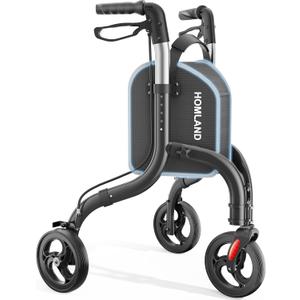 HOMLAND 3 Wheel Walkers for Seniors, Lightweight Foldable Aluminum Three Wheel Walker, Height Adjustable Compact Rollator Walker with Removable Storage Bag