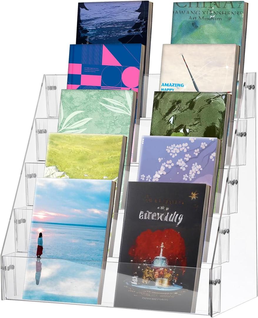 5 Tier Acrylic Book Display Rack, Desktop Book Display Stand Clear Acrylic Holder for Bookmark, Album, CD, Postcard, Photo, Thickened Bookshelf for Bookstore School Office Home