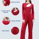 RONGTAI One Piece Jumpsuit for Women Long Sleeve Cutout Neck High Waist Dressy Casual Stright Leg Romper (Red, M)