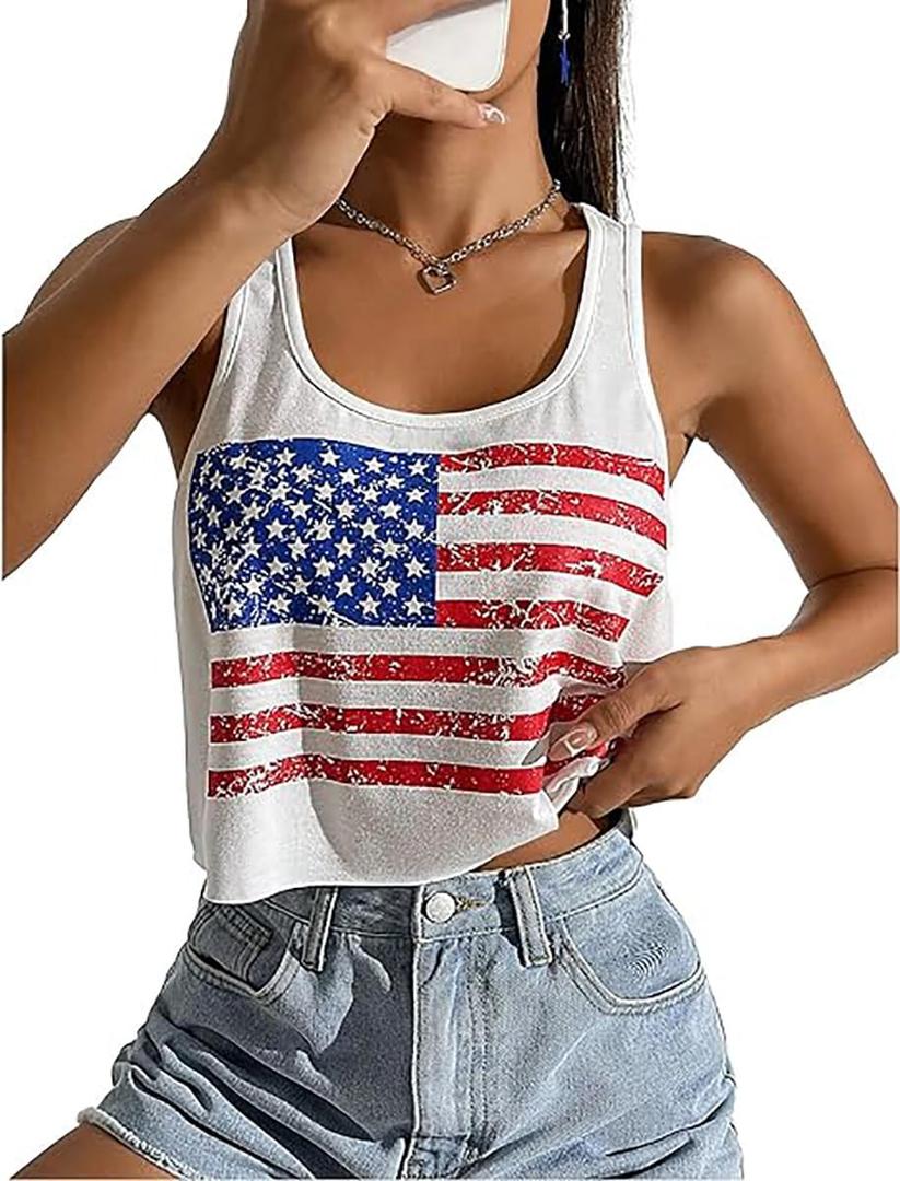 American Flag Crop Tank Tops Women USA Flag Stars Stripes Graphic Tee 4th of July Patriotic Tshirt Girls Crop Tops (Large, White)