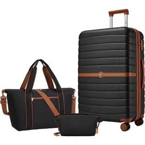 Kono Luggage Sets 3 Piece, Expandable 28 Inch Luggage with Spinner Wheels, Lightweight & Anti-Scratch PC+ABS Hardshell Travel Rolling Suitcase Large Checked Luggage with Tote Bag, Black/Brown