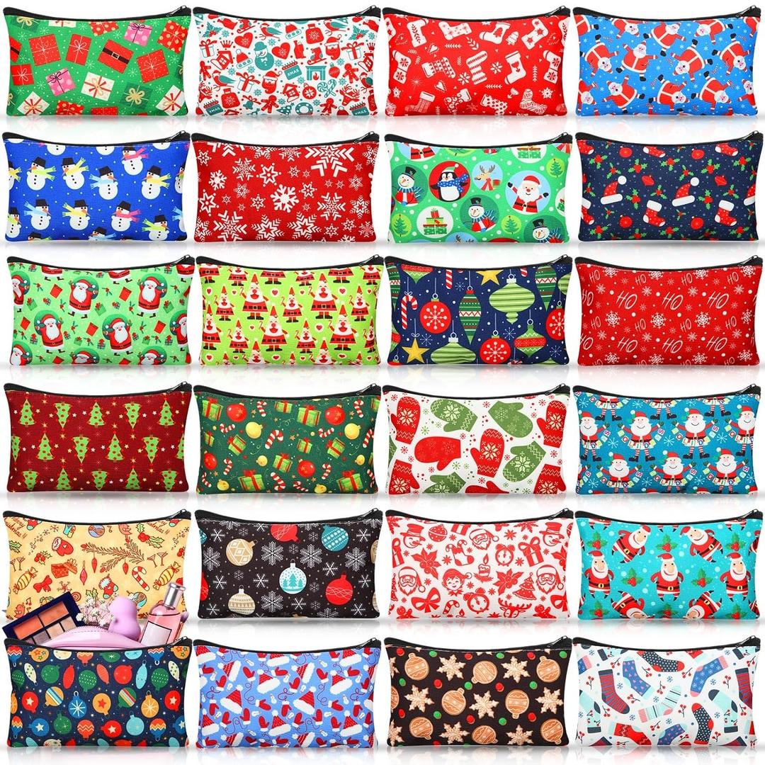 24 Pieces Makeup Bags Bulk Canvas Cosmetic Bags Purse Organizer Zipper Cosmetic Pouch Portable Travel Toiletry Pouch for Women Men Gifts, 7 x 4 Inch (Christmas)