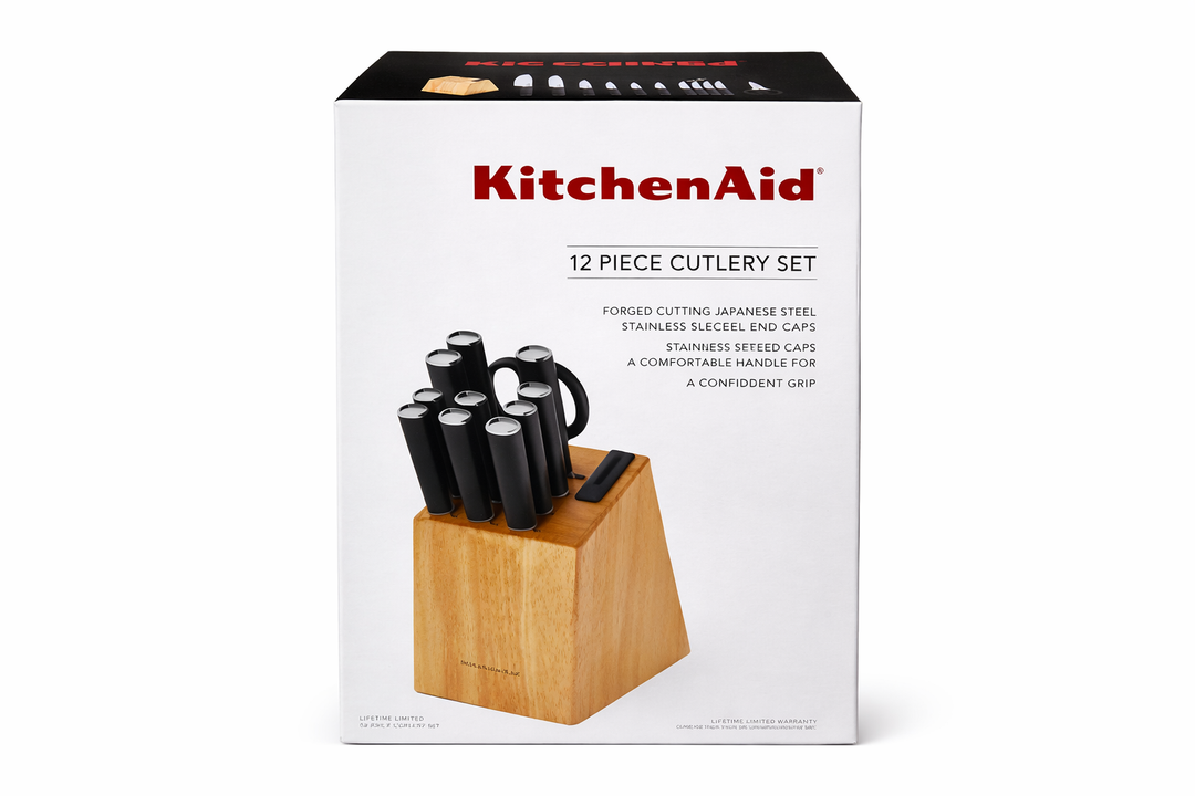 KitchenAid Gourmet 12-Piece Forged Knife Block Set with Sharpener, High-Carbon Steel, Black Birchwood