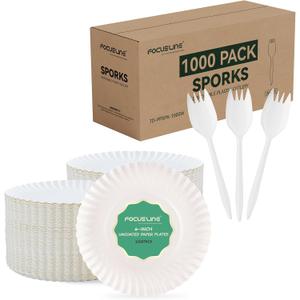 FOCUSLINE 1000 Pack Plastic Sporks White and 6 Inch Uncoated White Paper Plates 1000 Count