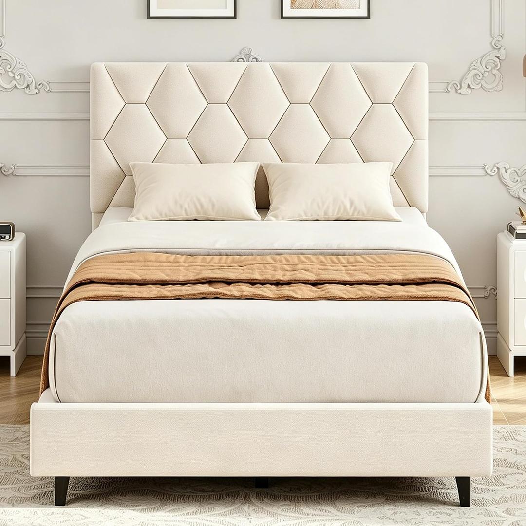 Garvee Twin XL Size Bed Frame, Platform Bed Frame with Upholstered Adjustable Headboard, Mattress Foundation with Strong Wooden Slats Support, No Box Spring Needed, Noise Free, Easy Assembly, Beige