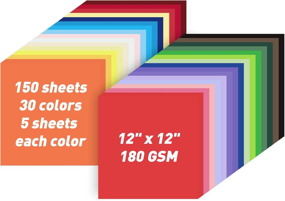 MAXECHO 12" X 12" Colored Cardstock Bulk 150 Sheets 30 Assorted Colors Construction Paper Card Stock Printer Paper for DIY Crafts, Kids School Supplies, Cricut, 180 GSM (Multicolor)