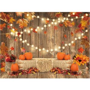 Funnytree 8x6FT Fall Pumpkin Photography Backdrop Autumn Tanksgiving Harvest Hay Leaves Wooden Background Sunflower Maple Baby Shower Banner Decoration Party Supplies Photo Booth Prop
