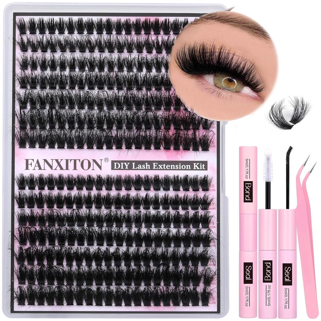 FANXITON Lash Clusters with Lash Bond and Seal Sweatproof, 10-18 mm D Volume Lash Extension Kit 280 pcs Individual Lashes Lash Clusters Kit and Tweezers Thick DIY Eyelash Extension Kit