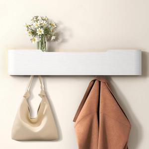 Wall Mounted Coat Rack with Shelf, Wooden Entryway Organizer with Hidden Metal Hooks for Hanging Coats Bags Keys, Modern Floating Shelf for Hallway Bathroom