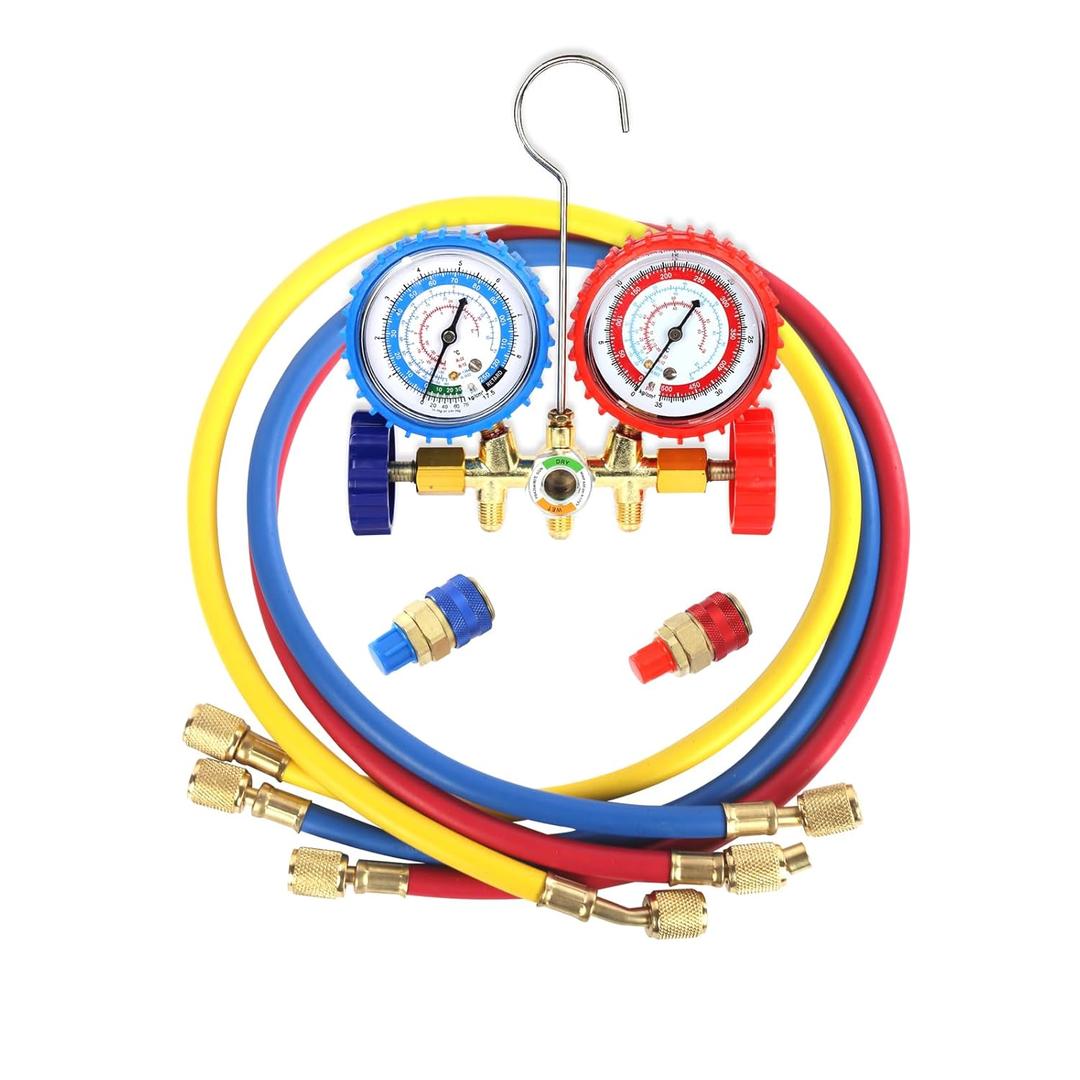 PB Motor Tech AC Diagnostic Manifold Gauge Set for R134A, R12, R22, R502 Refrigerants, Includes 4FT Three-Color Hoses and 2 Quick Couplers - Automotive & Household AC Maintenance