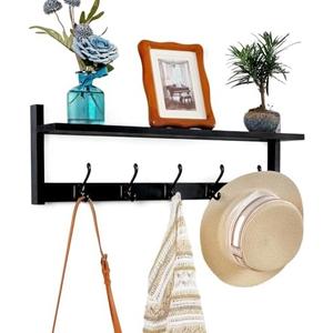 Exper City Coat Rack Wall Mount with Shelf, 26IN Wooden Coat Hanger Hooks Wall Mount with 5 Metal Hooks, Hanging Shelf with Hooks, Black