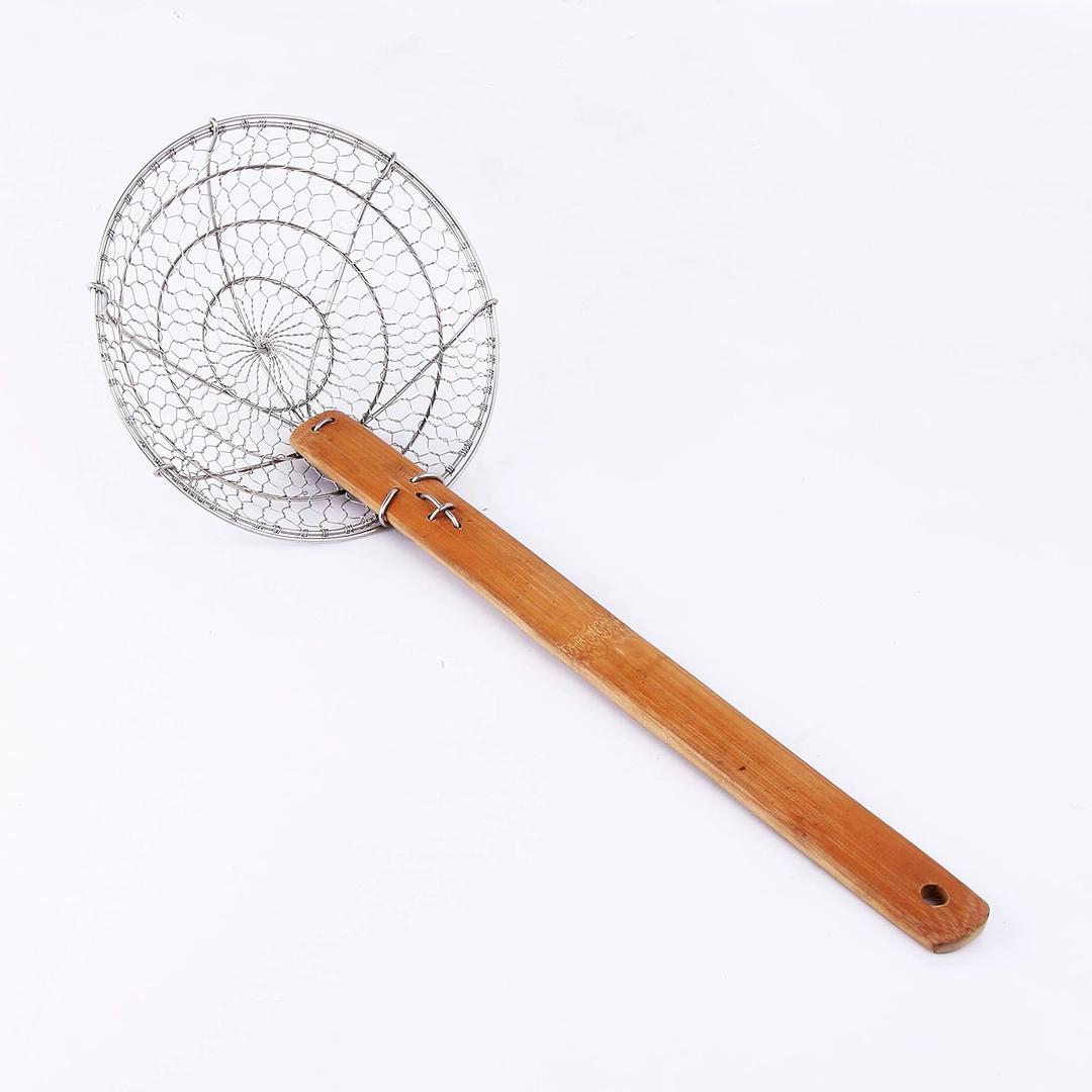 Stainless Steel Spider Strainer Asian Kitchen Wire Food Cooking Skimmer With Natural Bamboo Handle, 6-Inch, Hand-Made