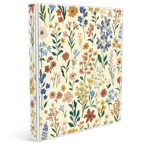 Eyrozill 3 Ring Binder 1 Inch Cute Design, Decorative Recipe Binders, Client Records with Clear Interior Pockets for Letter-Size(11" x 8.5") Paper, PVC Cover (Flower)