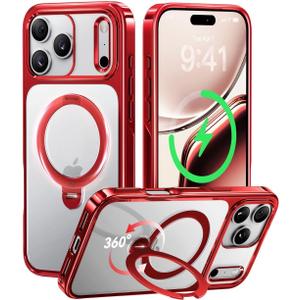 CASEKOO Christmas Merry Stand for iPhone 17 Pro Case [360 Spin Magnetic Kickstand][Fit for MagSafe][17FT Military Protection] Slim Polished Frame Titanium Alloy Sturdy Stand 6.3", Red