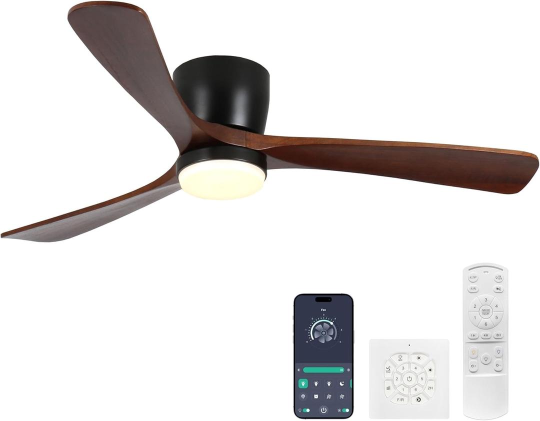 Ceiling Fans with Lights and Remote Control, 42 Inch Solid Wood Blade, Low Profile Flush Mount, LED Dimmable DC Reversible Modern Ceiling Fans with APP Control for Bedrooms, Living Rooms, Patio, Black