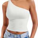 YEOREO Womens One Shoulder Tops Sleeveless Going Out Tank Top Fanciy Double Lined Cropped Tee Y2K Summer Shirts Slim Fit (Large, White)