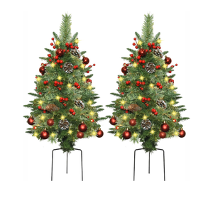 Prelit Porch Christmas Trees Set of 2-30 Inch Outdoor Christmas Trees with 70 LED Lights, 300 PE & PVC Branches Tips with Pine Cones, Red Berries and Ball Ornaments for Holiday Decor