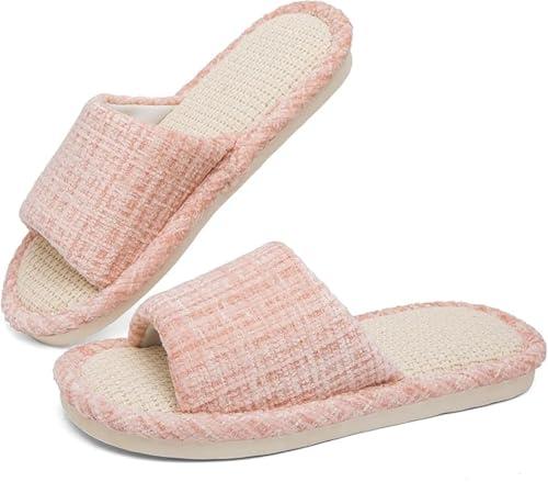Pack of 2, DX Grandway Womens Slippers, Linen Flax House Slippers for Women Men Unisex, Cute Soft Open Toe Summer Bedroom Slides House Shoes Indoor Outdoor Shower Drys fast
