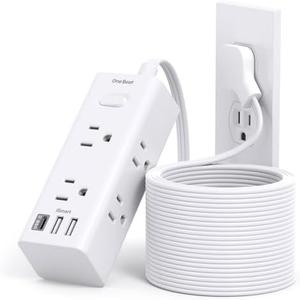 20Ft Extension Cord with Multiple Outlets, Flat Plug Power Strip Surge Protector with 20 Ft Long Cord, 6 Outlet 3 USB Ports (1 USB C), Multi Outlet Wall Plug for Travel, College, Dorm Room Essentials