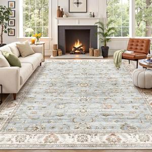 WITSHOCK 10x14 Area Rugs for Living Room: Machine Washable Non Slip Vintage Carpet - Low Pile Lightweight Print Rug for Bedroom Dining Room - Stain Resistant for Household - Pet Owners (Light Blue)
