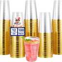 JOLLY CHEF 100 Pack Gold Plastic Disposable Cups, 12 oz Clear Plastic Cups Tumblers, Elegant Gold Rimmed Disposable Glasses for Wedding, Thanksgiving Day, Christmas